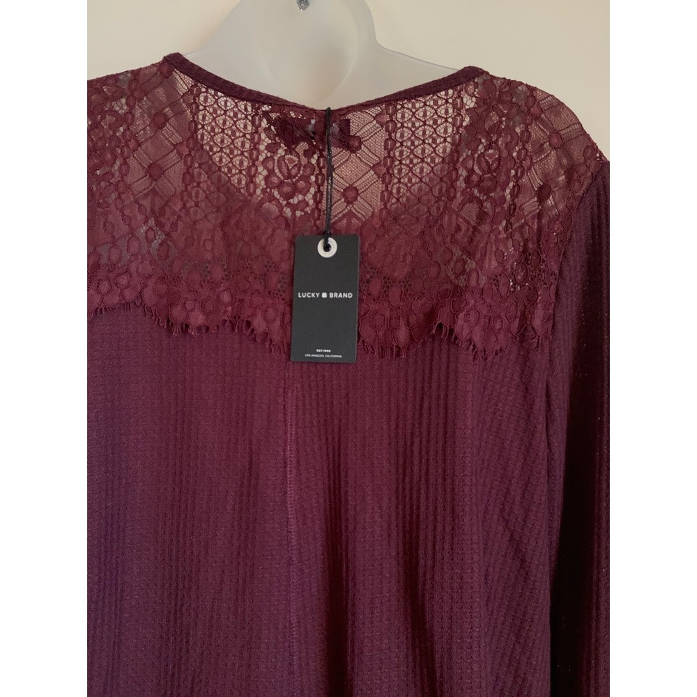 Lucky Brand Womens‎ Waffle Knit Lace Yoke Top Burgundy Long Sleeve 7W06970 Larg